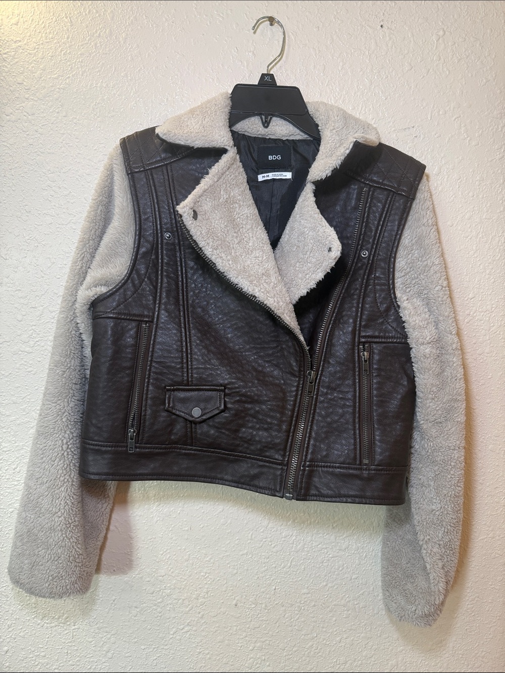 BDG Brown Faux-Leather Moto Jacket with Cream Shearling Sleeves